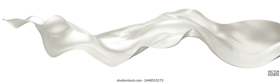 Flying white silk textile fabric flag background. Smooth elegant white Satin Isolated on white Background for grand opening ceremony. White curtain. 3d vector illustration