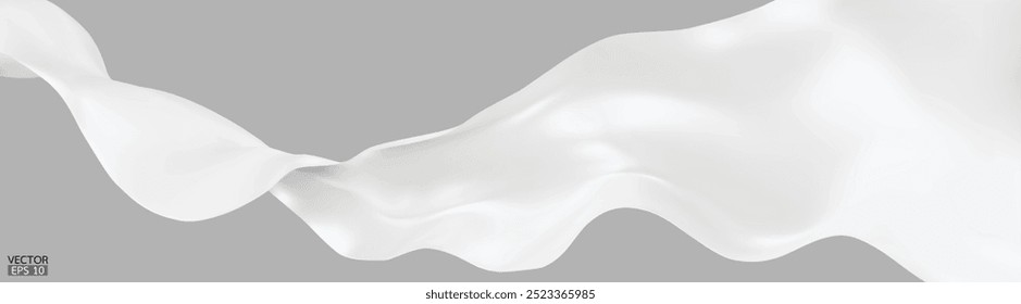 Fundo de bandeira de tecido de seda branca voadora. Acetinado branco elegante suave isolado no fundo cinza para grande cerimônia de abertura. Cortina branca. ilustração de vetor 3d