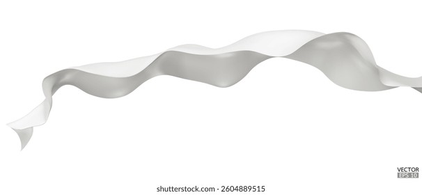 Flying white silk textile fabric flag background. Smooth elegant white Satin Isolated on white Background for grand opening ceremony. White curtain. 3d vector illustration