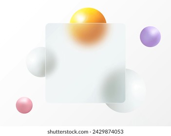 A flying white sphere made of natural pearls and colored 3D spheres, blur on a light background with a white transparent frame.