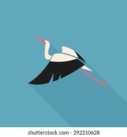 flying white stork with black wing logo sign on blue background