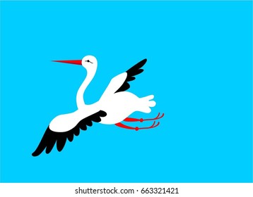 A flying white stork with a black wing. Cartoon.