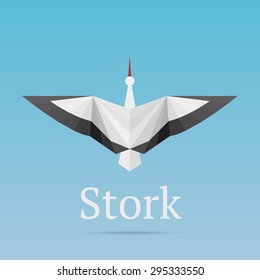 Flying white stork with black wings logo on blue background