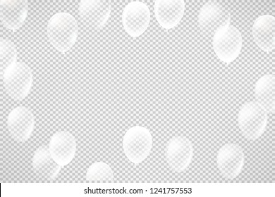 Flying white transparent balloons on transparent background. Frame rof a text