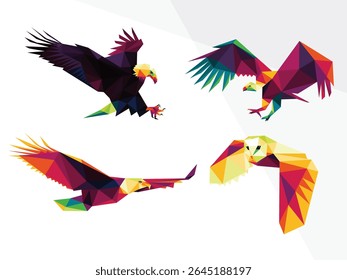 Flying wild bird colorful low poly vector illustration. Flying wild bird colorful polygonal vector collection. Owl, vulture, bald eagle, hawk colorful logo illustration set