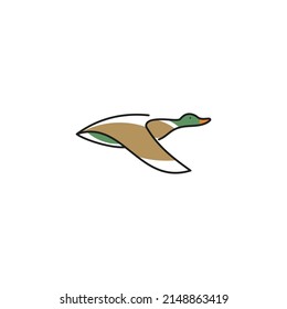 Flying wild duck logo template. Linear bird fly wings icon symbol in flat style