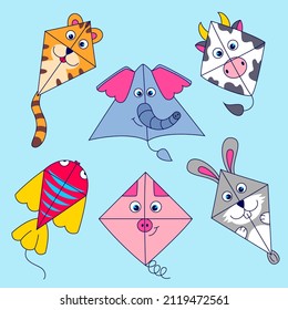 Flying wind kites of different animal shapes such as tiger, elephant, cow, fish, pig, rabbit. Childish entertainment game or summer festival. Flat vector illustration