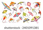 Flying wind kites of different different shape set. Kids paper kite toys with ribbon and tailtoys. Makar Sankranti. Flat vector illustration 