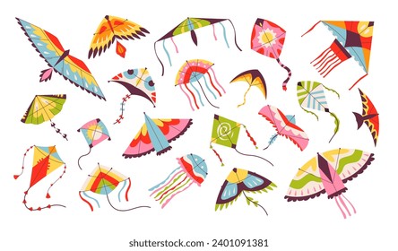 Flying wind kites of different different shape set. Kids paper kite toys with ribbon and tailtoys. Makar Sankranti. Flat vector illustration 