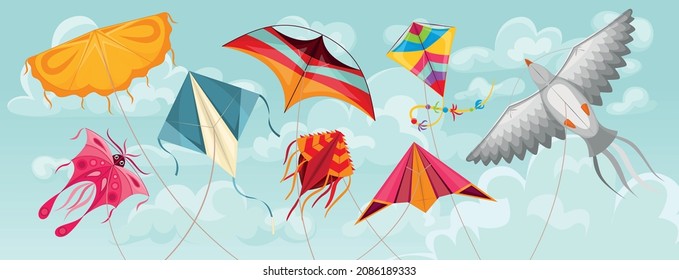 Flying wind kites of different types and shapes on blue cloudy sky background flat vector illustration