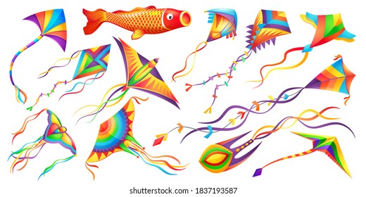 Flying wind kites, kids toy cartoon vector set. Rainbow colors kites with different shapes of wing, golden fish or carp, birds and butterfly, ribbons and ornaments. Indian Makar Sankranti festival