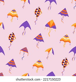 Flying wind kites seamless pattern. Makar Sankranti festival. Wind kite game