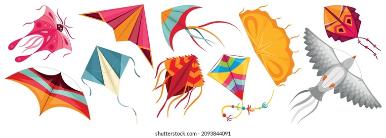 Flying wind kites set of colorful paper items with ribbons and ornaments isolated vector illustration