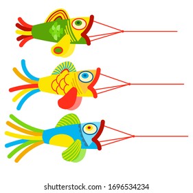 Flying wind kites set with tales, ribbons and ornaments. Kite festival elements of different types. Modern flat vector illustration isolated on white background.