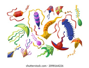 Flying wind kites with tales, ribbons and ornaments cartoon vector illustration set. Kite festival elements of different types and shapes such as squid, jellyfish and fish. Kids toys concept