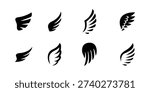 Flying Wing Silhouette Icon Set – Abstract Bird Feather Logo Elements Black Minimal Tattoo Style Vector Collection. eps10
