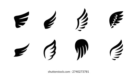 Flying Wing Silhouette Icon Set – Abstract Bird Feather Logo Elements Black Minimal Tattoo Style Vector Collection. eps10