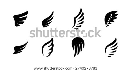 Flying Wing Silhouette Icon Set – Abstract Bird Feather Logo Elements Black Minimal Tattoo Style Vector Collection. eps10