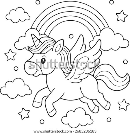 Flying Winged Unicorn with Rainbow and Clouds. Whimsical Black and White Line Art for Kids Coloring Pages