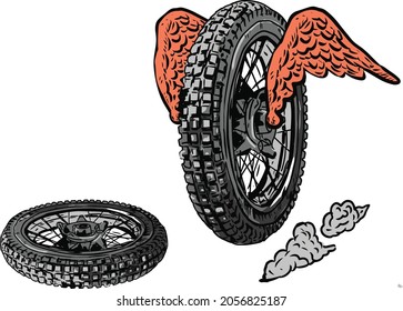 flying winged wheel for motorcycle themed design element, symbolizes speed 