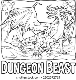 Flying Wings Dungeon Dragon Beast Monster Artline Illustration For Kids Coloring Book