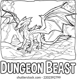 Flying Wings Dungeon Dragon Beast Monster Artline Illustration For Kids Coloring Book