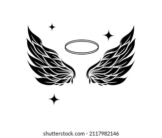 Flying wings and halo. Valentine's Day angel wings. Vector illustration on a white background. Design for print and web