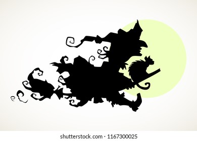 Flying witch against the moon. Hand drawn Halloween celebration design element symbol. Vector illustration in black isolated over white.