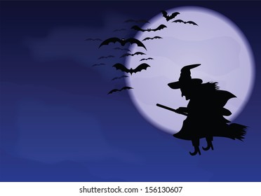 A flying witch and bats on a background of the moon. 