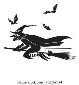 flying witch and bats silhouette vector illustration isolated