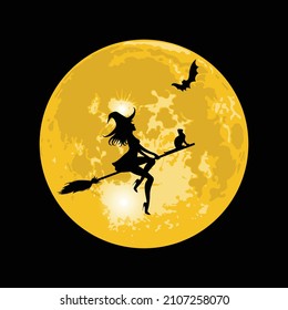 Flying Witch with a black Cat on the Broom, Moon and Bat in the night background, Halloween vector illustration