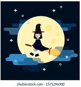 Flying Witch With Broom Illustration