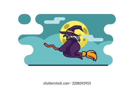 The Flying Witch cartoon. Halloween night vector Illustration Isolated on a white background. 