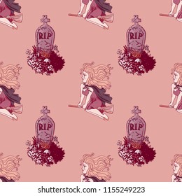 flying witch and cemetery tombs seamless pattern