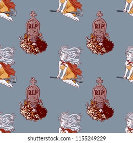 flying witch and cemetery tombs seamless pattern