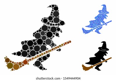 Flying witch composition of round dots in variable sizes and color hues, based on flying witch icon. Vector round dots are organized into blue composition.