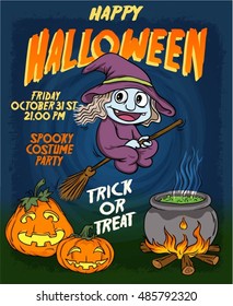 Flying Witch and crafting pot. Halloween Invitation background or illustration vector