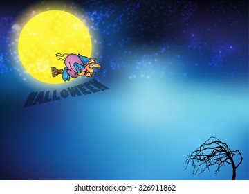 Flying Witch with Dark Sky Illustration