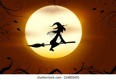 Flying witch. Halloween background. Vector eps 10