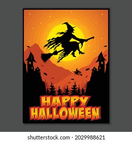 flying witch halloween vector poster