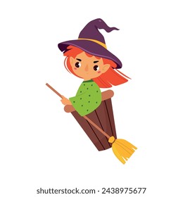 Flying Witch in Hat with Broom in Bucket as Fairy Tale Character Vector Illustration