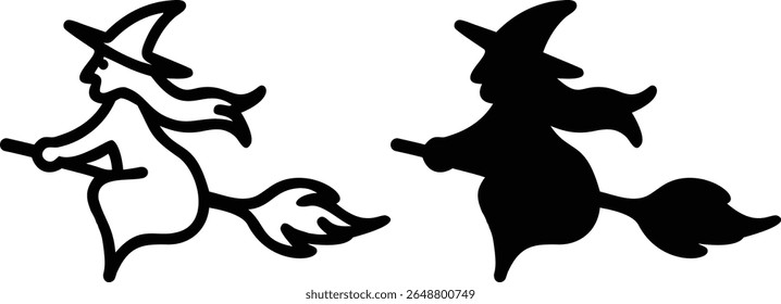 Conjunto de ícones de bruxa voadora, Ilustração de vetor de silhueta de Halloween