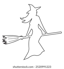 Flying witch line art silhouette, icon, symbol. Witch icon, vector on a broom. Halloween icon. Vector illustration.