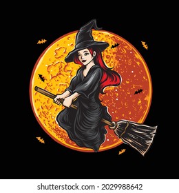 flying witch with moon halloween vector