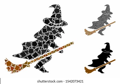 Flying witch mosaic of inequal pieces in different sizes and shades, based on flying witch icon. Vector rugged pieces are combined into collage. Flying witch icons collage with dotted pattern.