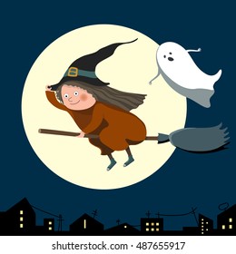 Flying witch on background of the full moon, halloween   vector illustration for design, greeting card, invitation.