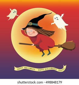 Flying witch on background of the full moon, halloween vector illustration for design, greeting card, invitation.