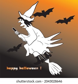 Flying witch on broom, bats, vector funny illustration