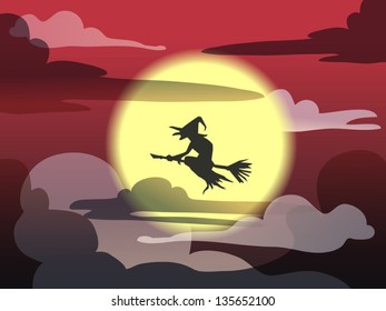 flying witch on broom in the dark red sky,vector