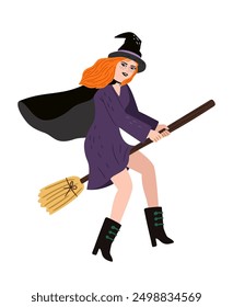 Flying Witch on a broom. Halloween character. Fairytale magical vector sorceress on a broomstick authors work